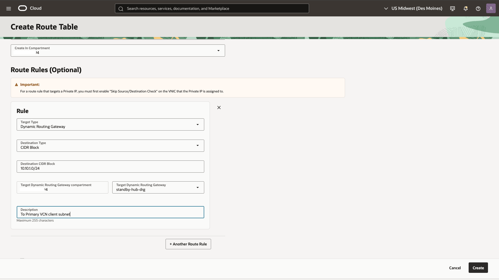 This screenshot shows how to configure the network in the standby region. This screenshot shows how to configure the network in the standby region.