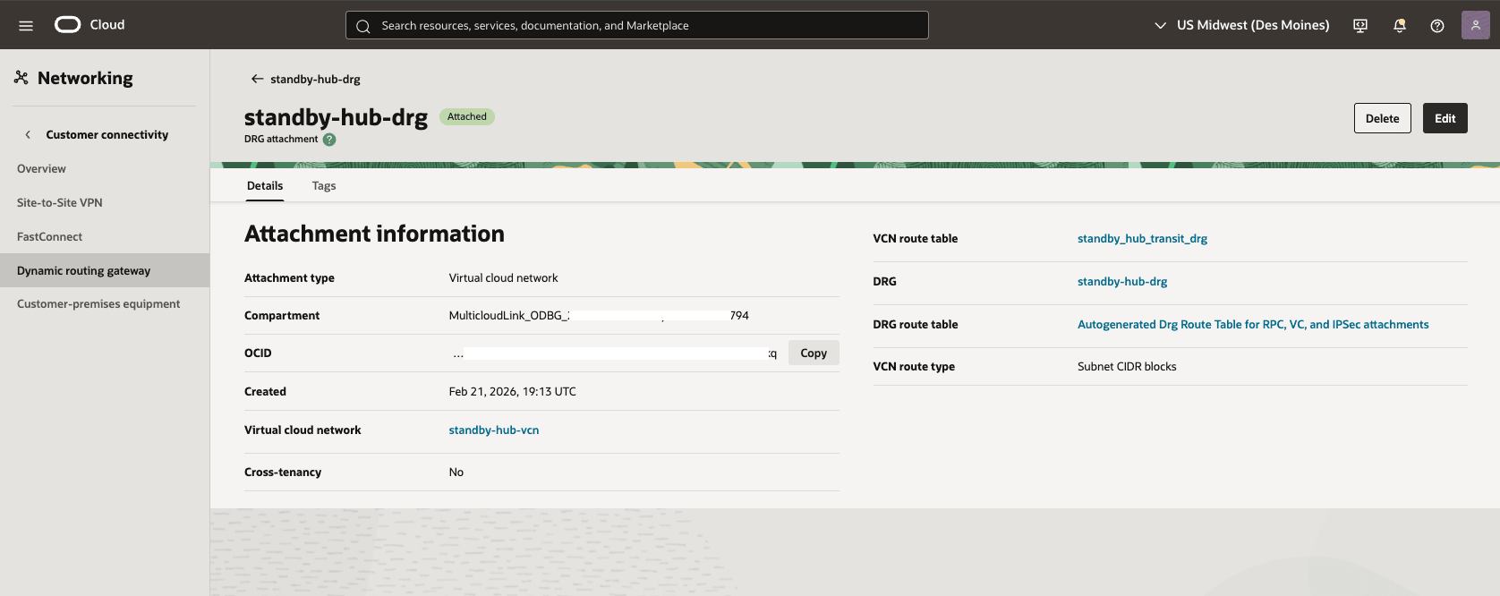 This screenshot shows how to configure the network in the standby region. This screenshot shows how to configure the network in the standby region.