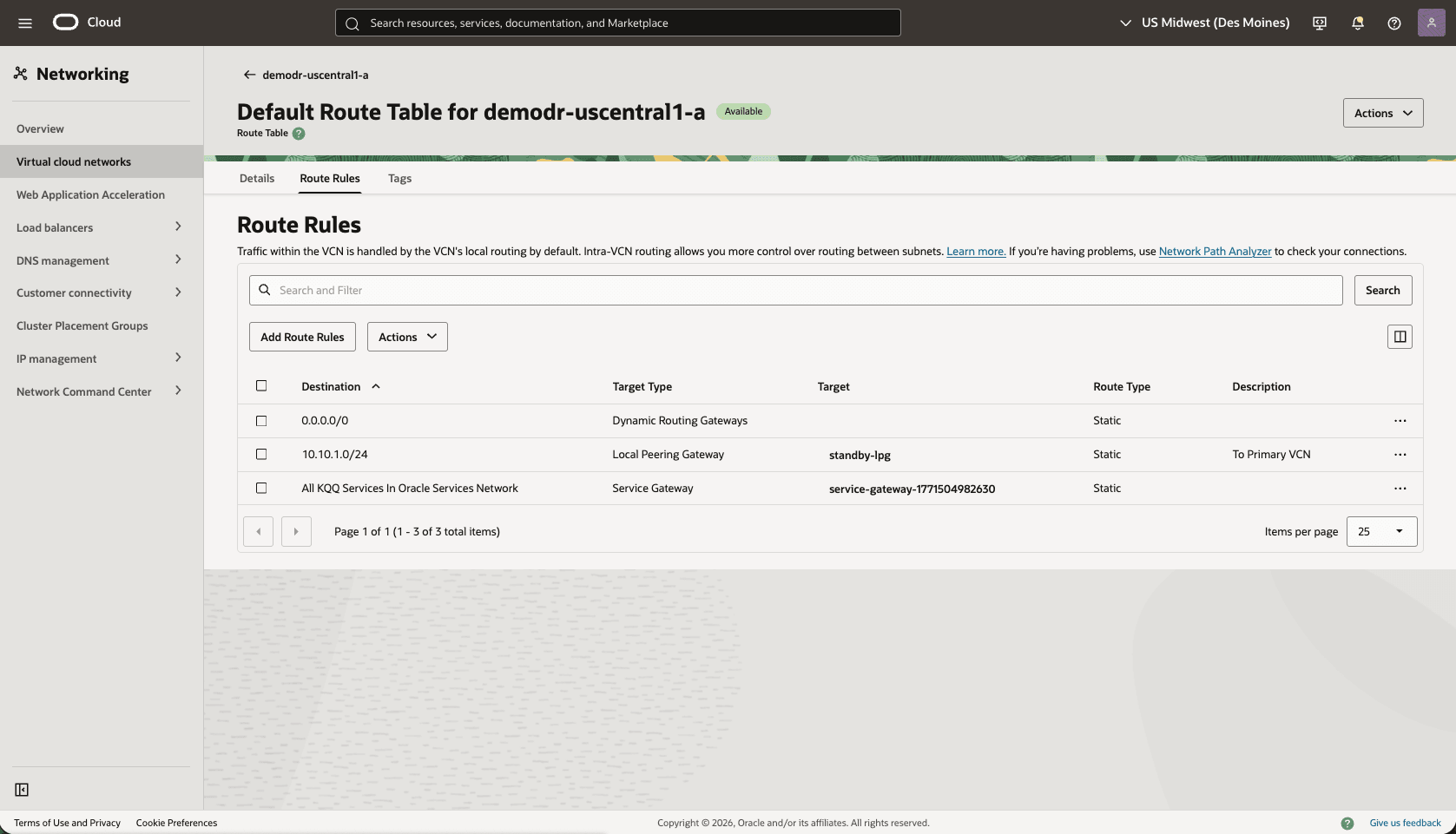 This screenshot shows how to configure the network in the standby region. This screenshot shows how to configure the network in the standby region.
