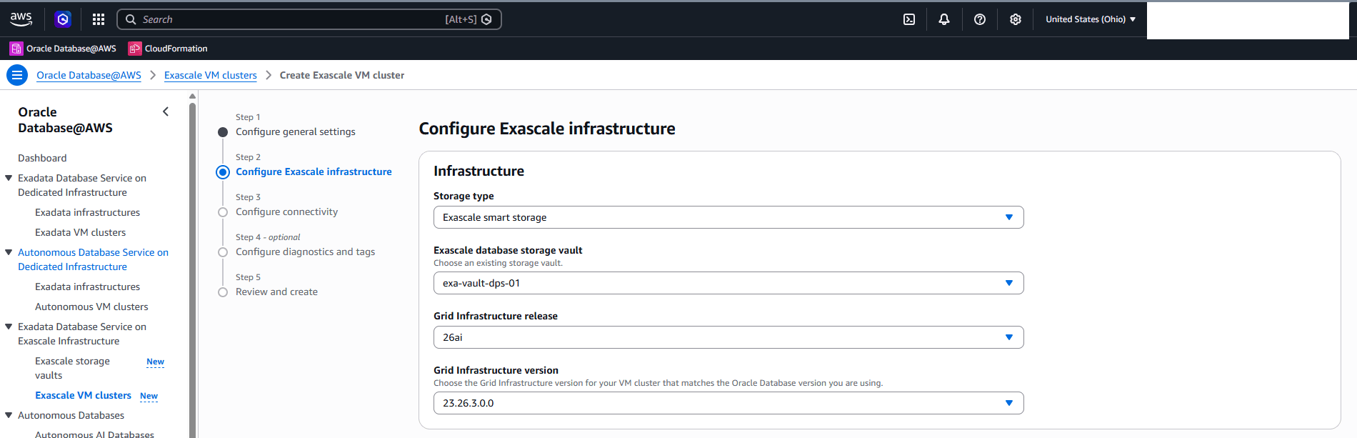 This screenshot shows how to create an Exascale VM Cluster.