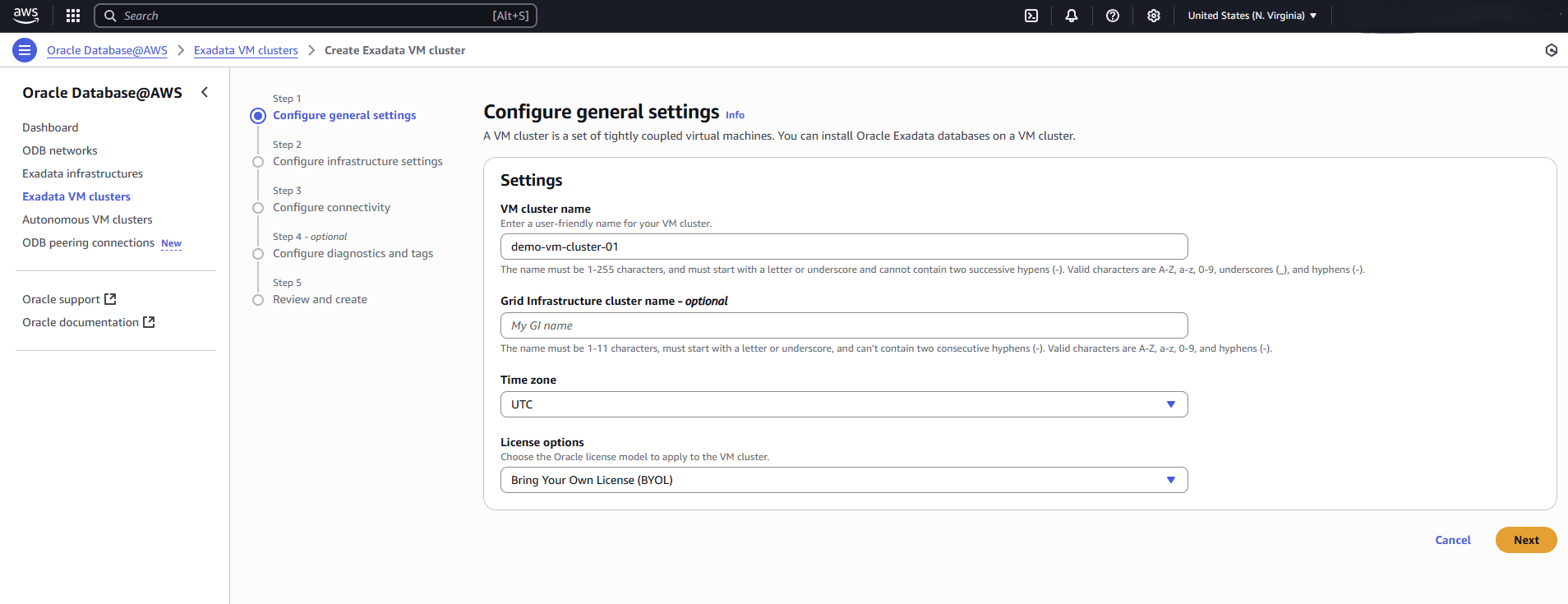 This screenshot shows the first part of creating an Exadata VM Cluster. This screenshot shows the first part of creating an Exadata VM Cluster.
