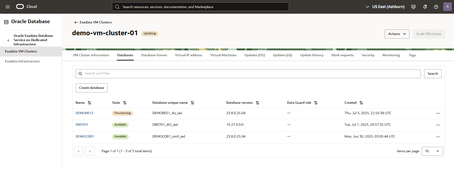 Exadata VM Cluster Databases tab showing database states.