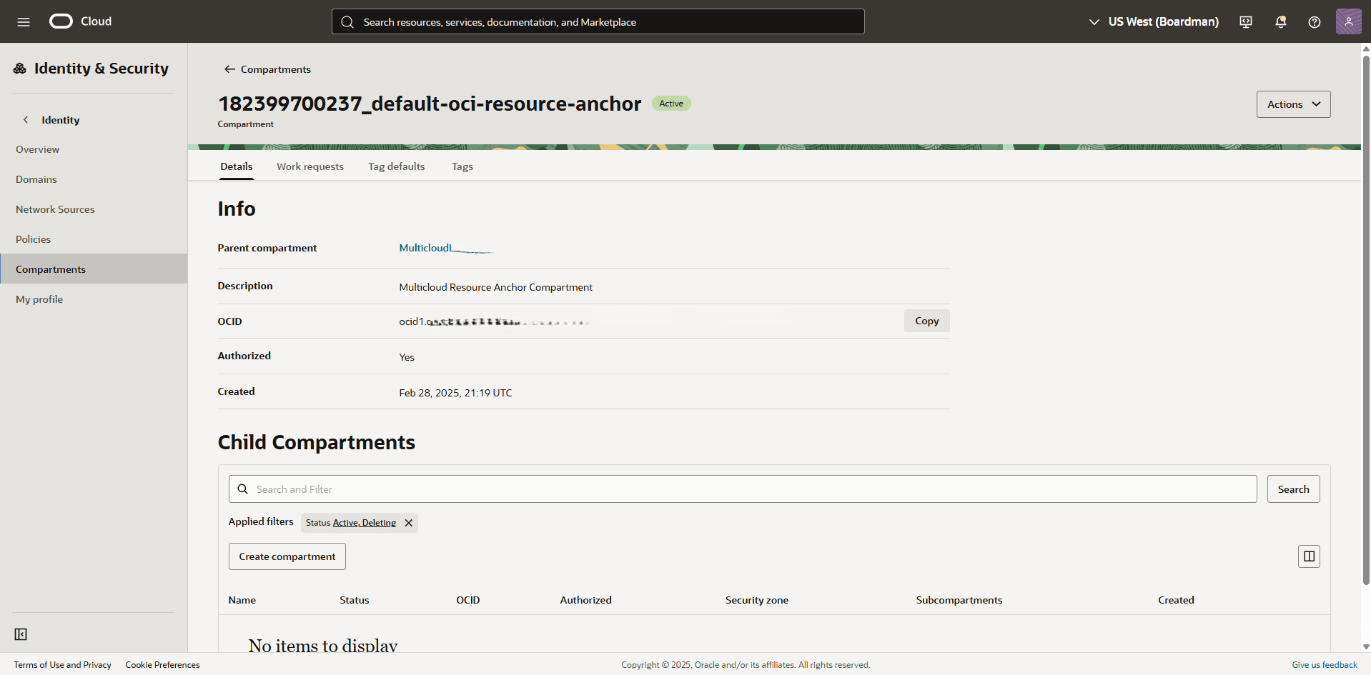 This screenshot shows how to copy the OCID.
