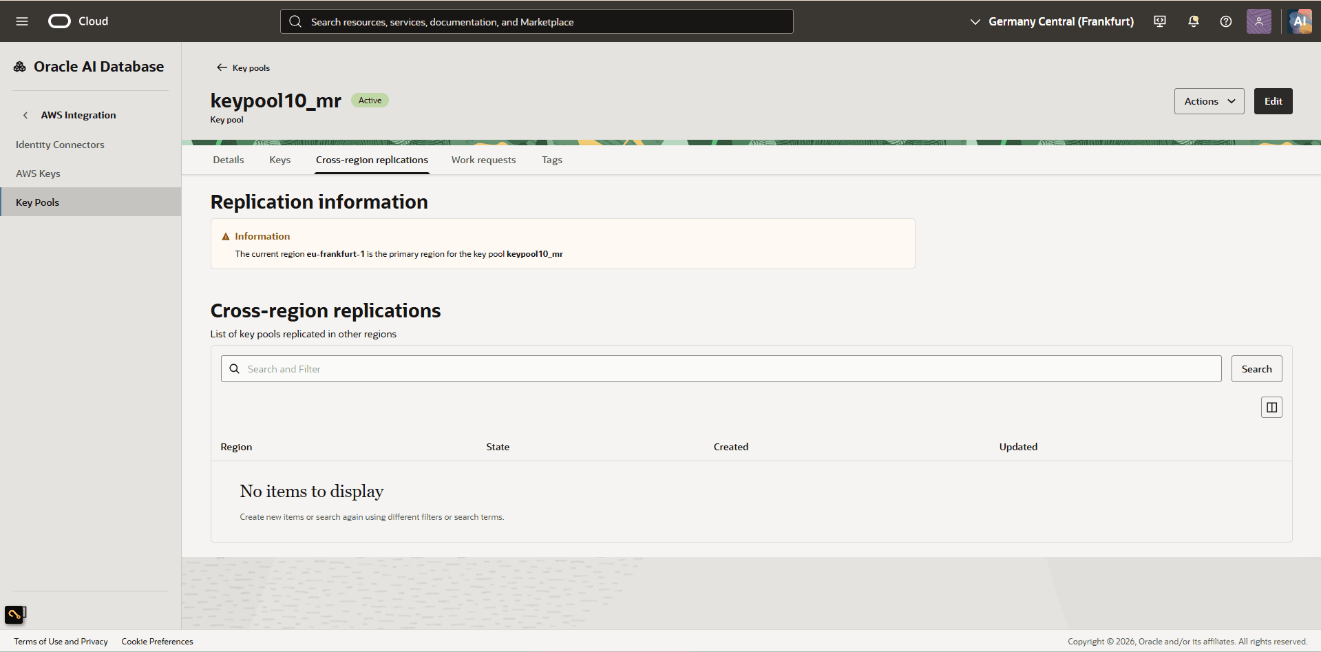 This screenshot shows how to enable cross-region replication for a key pool.