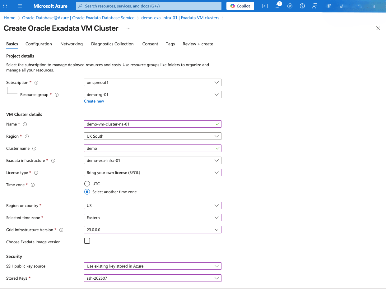 This screenshot shows the first part of creating an Exadata VM Cluster. This screenshot shows the first part of creating an Exadata VM Cluster.