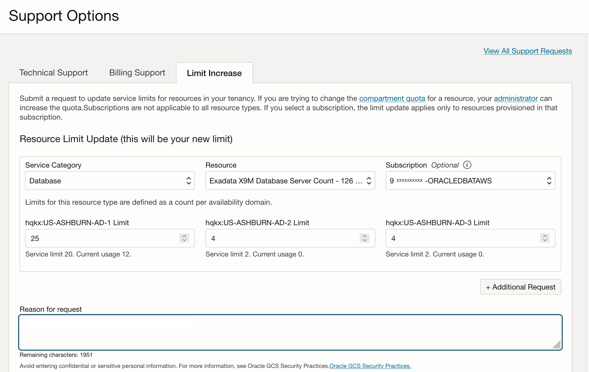 Click to expand An image of the Limits Increase panel of the Support Options form in the OCI console.