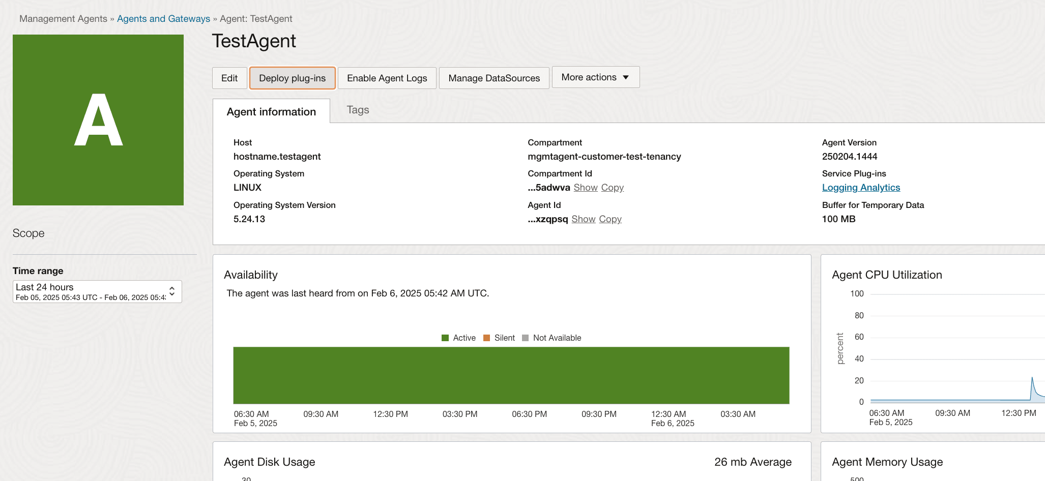 Agent details page, with the option to deploy plug-ins. Agent details page, with the option to deploy plug-ins.