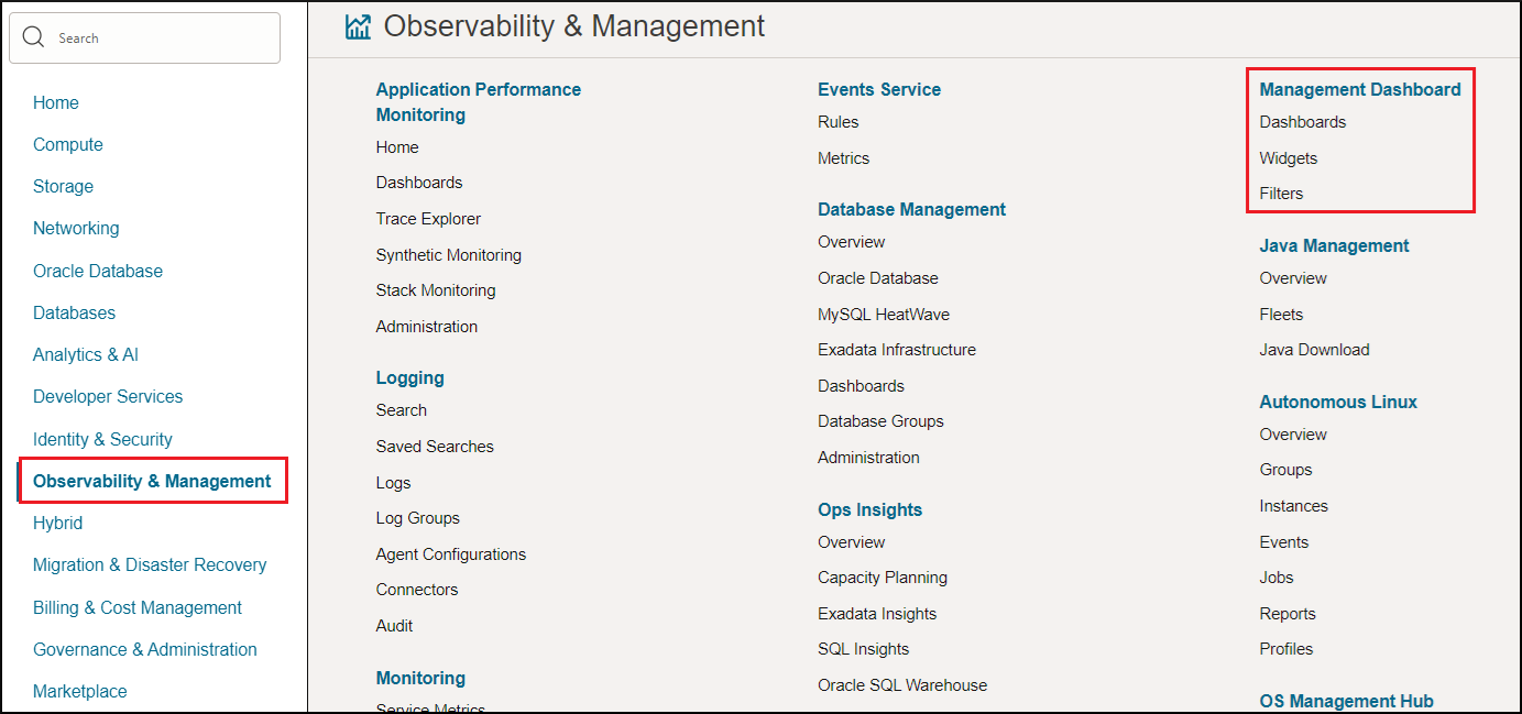 Management Dashboard in the Oracle Cloud Infrastructure console menu Management Dashboard in the Oracle Cloud Infrastructure console menu