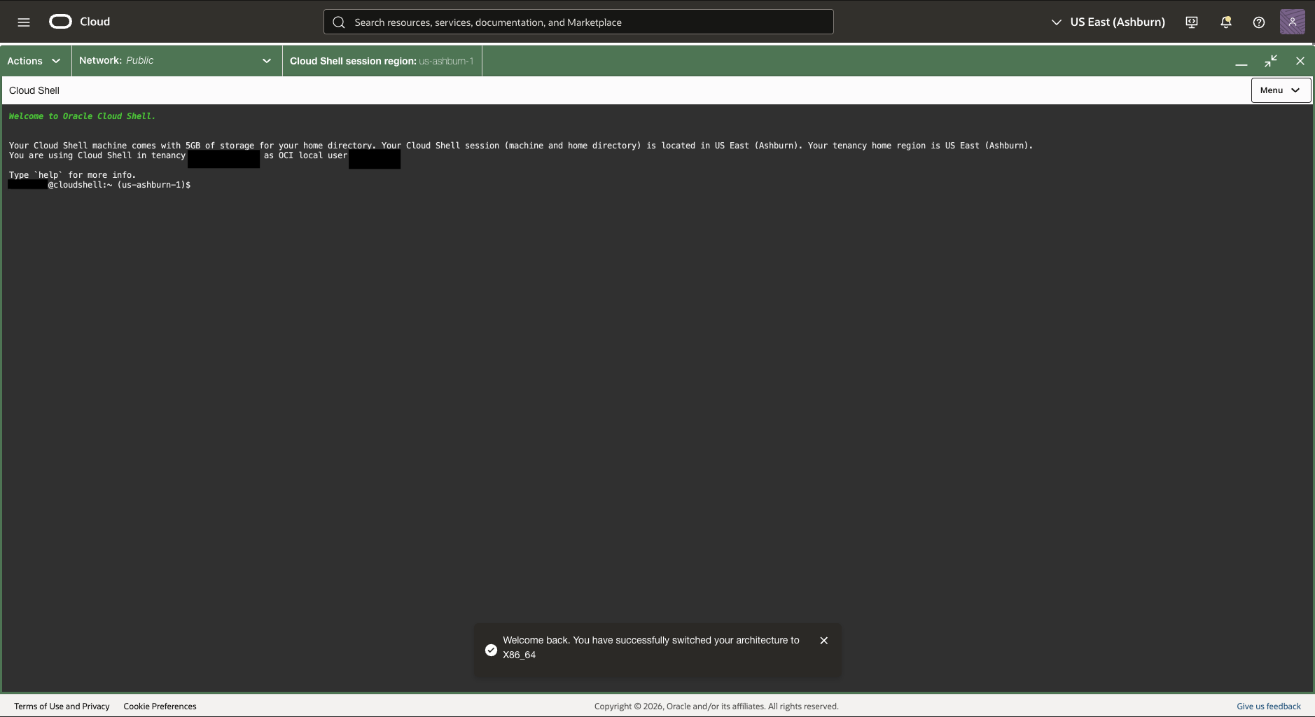 Cloud Shellアーキテクチャの選択の成功メッセージ