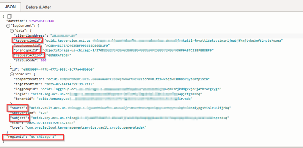 クリックして展開 JSON形式のKMSサービス・ログ・エントリのイメージです。