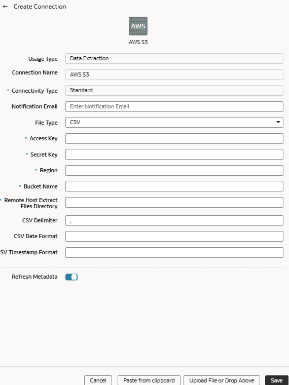 「AWSの接続の作成」S3ダイアログ 「AWSの接続の作成」S3ダイアログ