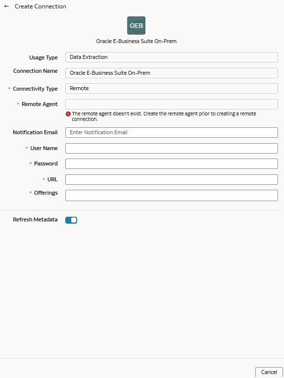 「Oracle E-Business Suiteオンプレミス接続の作成」ダイアログ 「Oracle E-Business Suiteオンプレミス接続の作成」ダイアログ