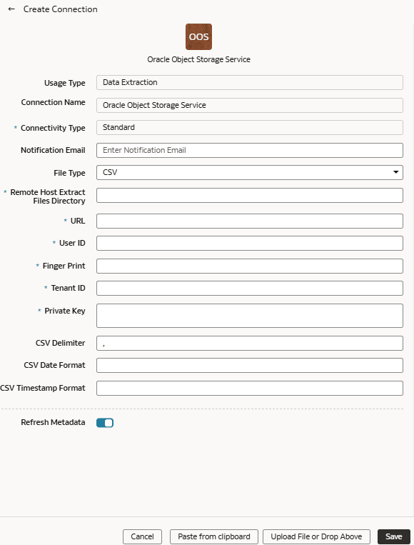「Oracle Object Storage Serviceの接続の作成」ダイアログ 「Oracle Object Storage Serviceの接続の作成」ダイアログ