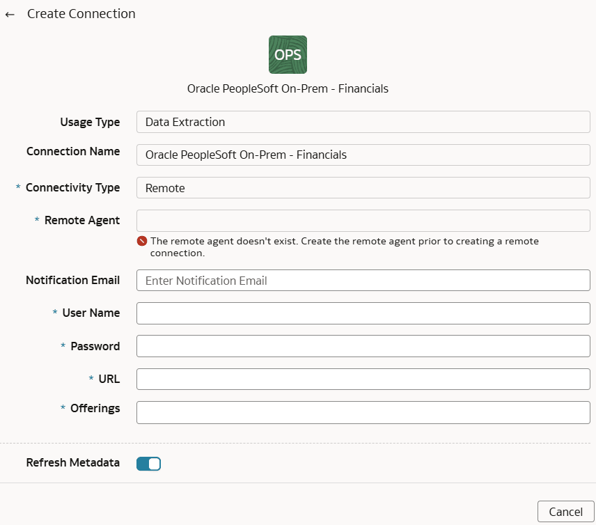 「Create Connection for Oracle PeopleSoft On-Prem - Financials」ダイアログ 「Create Connection for Oracle PeopleSoft On-Prem - Financials」ダイアログ