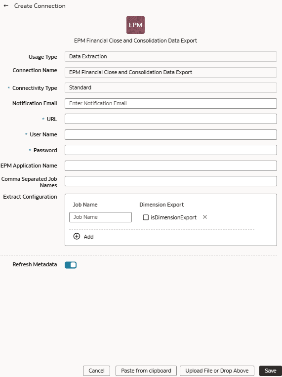 EPM Financial Close and Consolidationデータ・エクスポートの「接続の作成」ダイアログ EPM Financial Close and Consolidationデータ・エクスポートの「接続の作成」ダイアログ