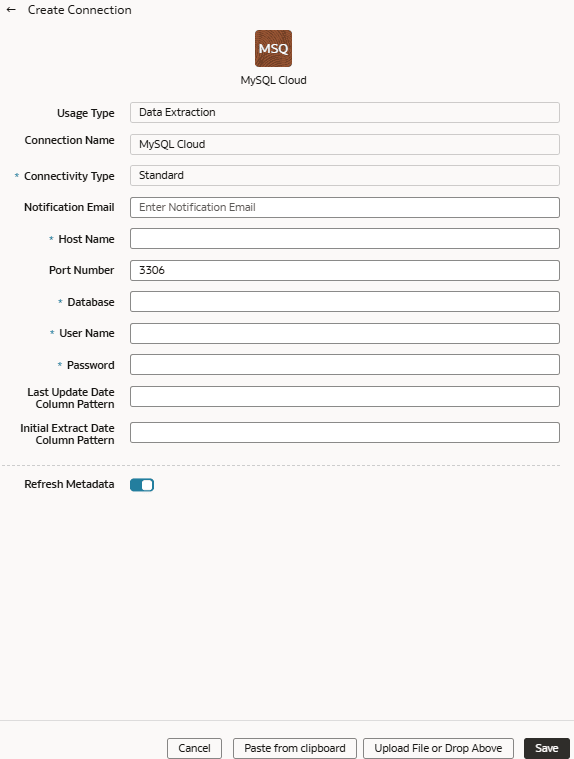 「Create Connection for MySQL Cloud database」ダイアログ