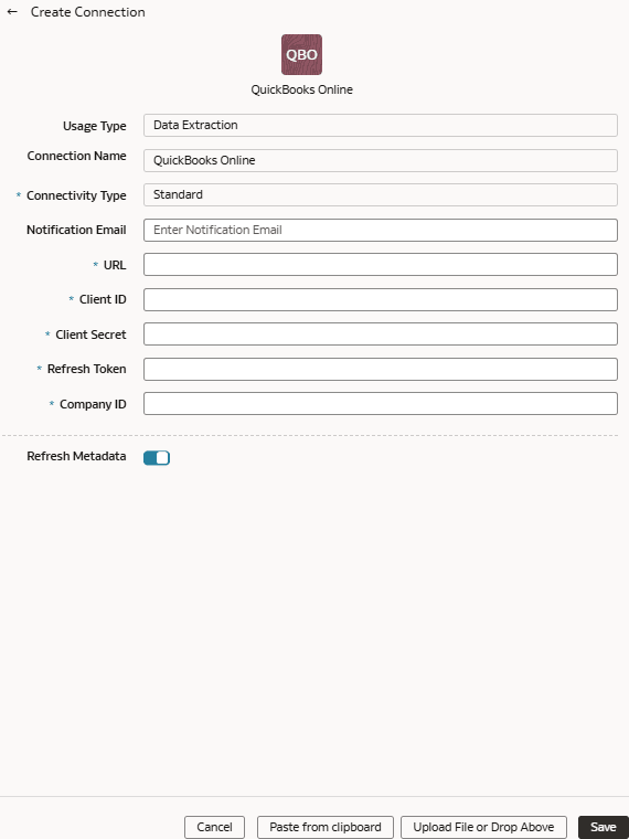 「QuickBooksオンラインの接続の作成」ダイアログ 「QuickBooksオンラインの接続の作成」ダイアログ